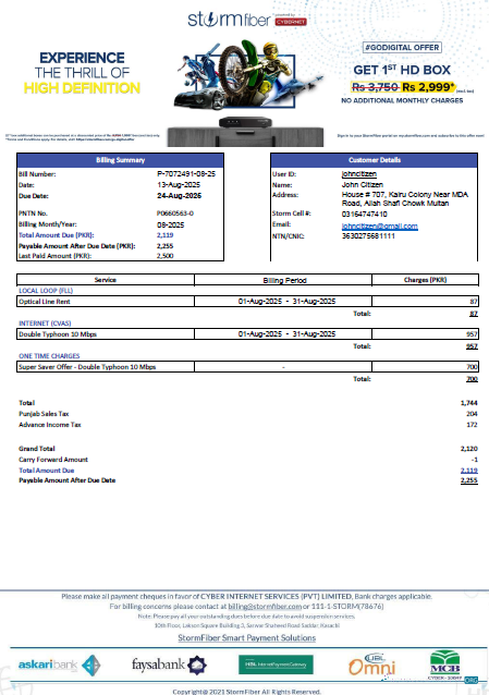 download download Pakistan StormFiber utility bill template in Word and PDF formats PDF template PDF template